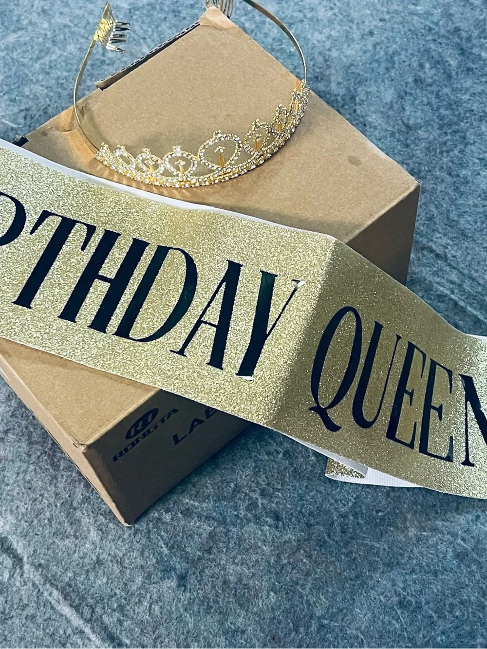 Gold Glitter Party Sash with Gold Rhinestone Tiara 🎆